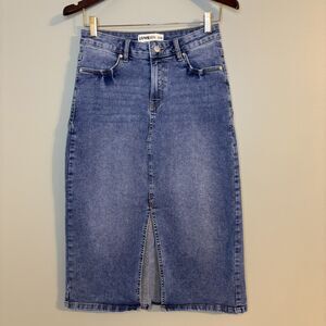 LOVEGEN Blue Jean Denim Skirt Front Split Midi Size 5/28 Y2K